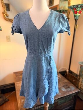 Cotton Denim Dyed Wrap Dress with Flounce Ruffle hem